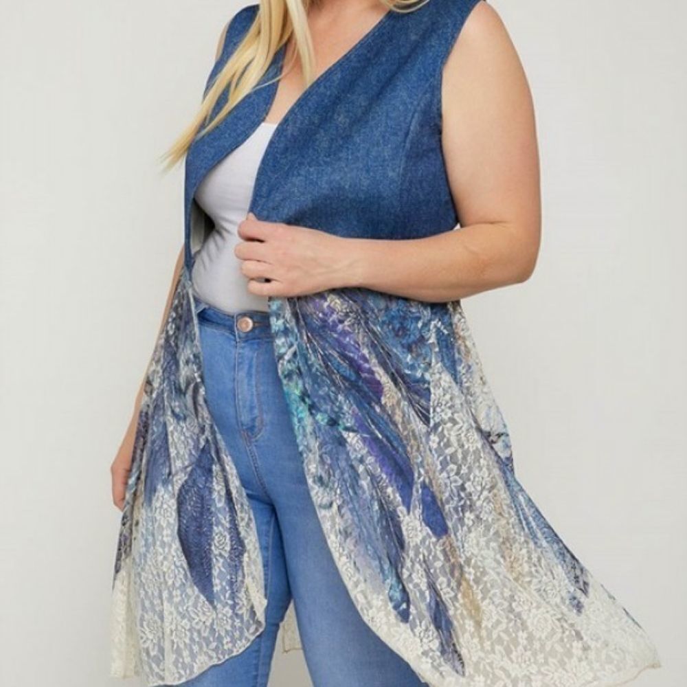 Plus Size Denim Feathers Blue Cardigan!! - Picture 4 of 4